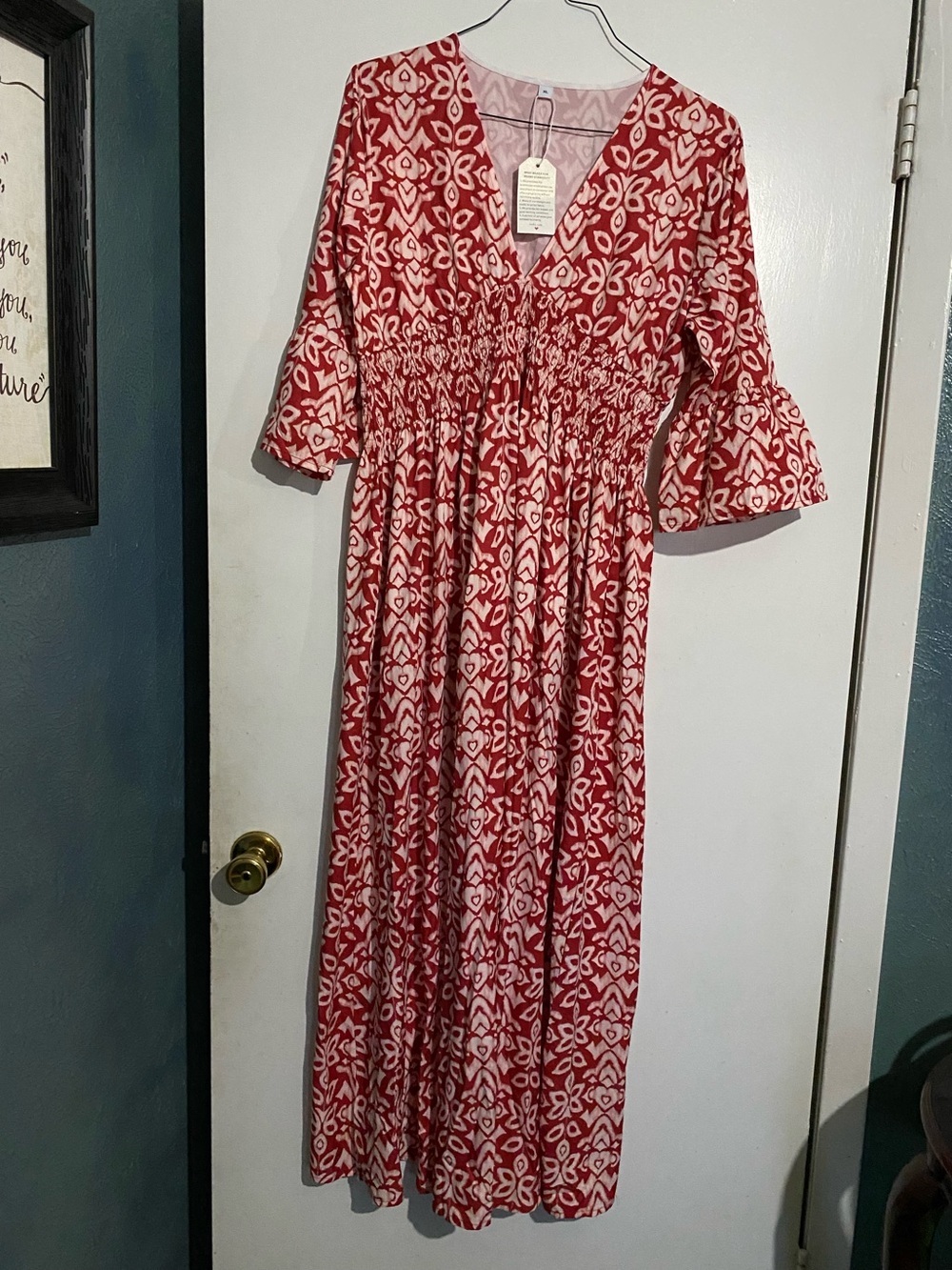 Red Patterned V-Neck Maxi Dress